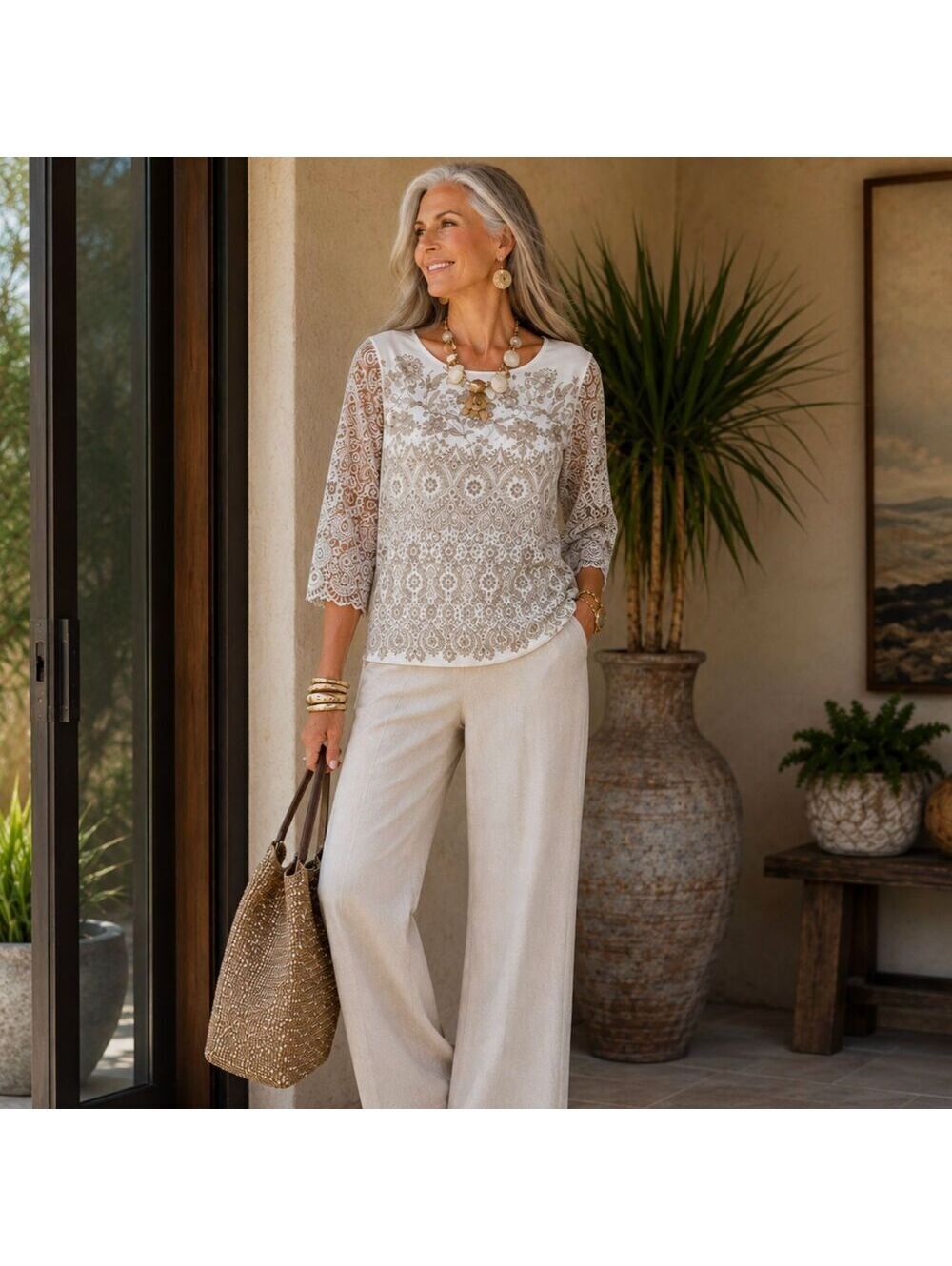 Chico's Lace Overlay Top Sz 3 XL Sheer Sleeves Dressy T Shirt Effortless Style
